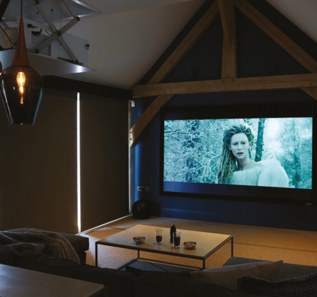 Home cinema screen with blinds closed